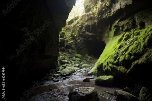 light filtering through crevices onto mossy cave floor