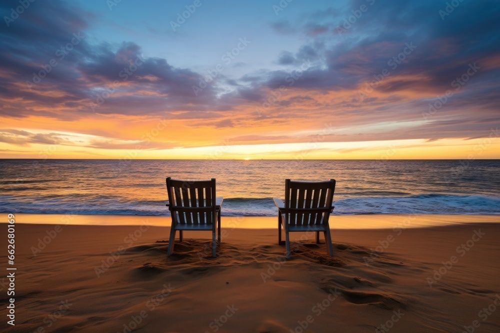 Fototapeta premium two empty chairs situated on a beach at sunset
