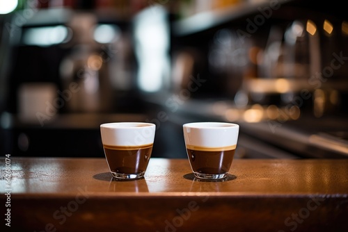 two coffee cups on a cafe counter