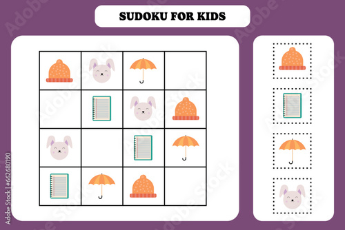 Sudoku game for kids. Fun activity for children. Printable worksheet design.