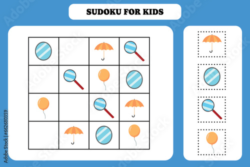 Sudoku game for kids. Fun activity for children. Printable worksheet design.