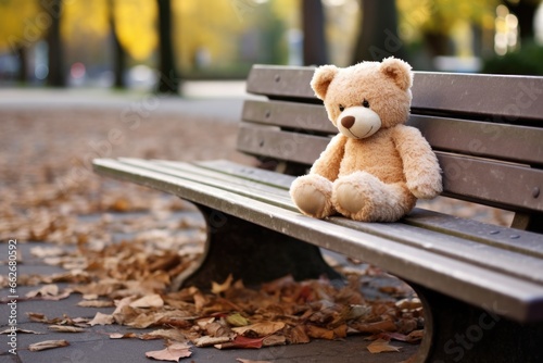 a teddy bear left behind on a park bench