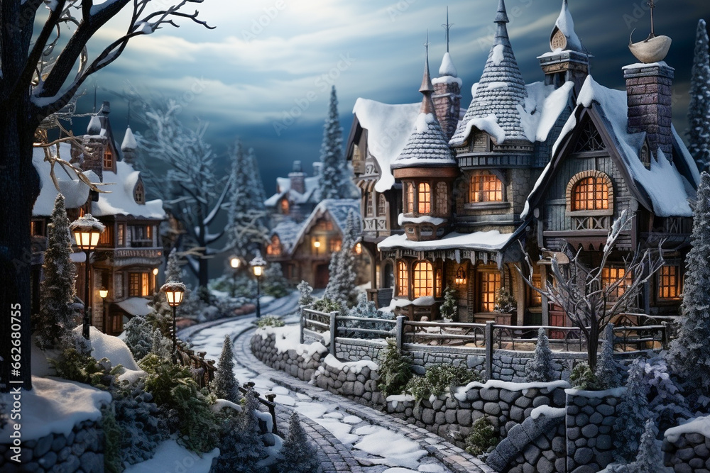 The roofs of the wood houses and street are covered in snow, Christmas scene, photo realistic The roofs of the wood houses and street are covered in snow, Christmas scene, photo realistic