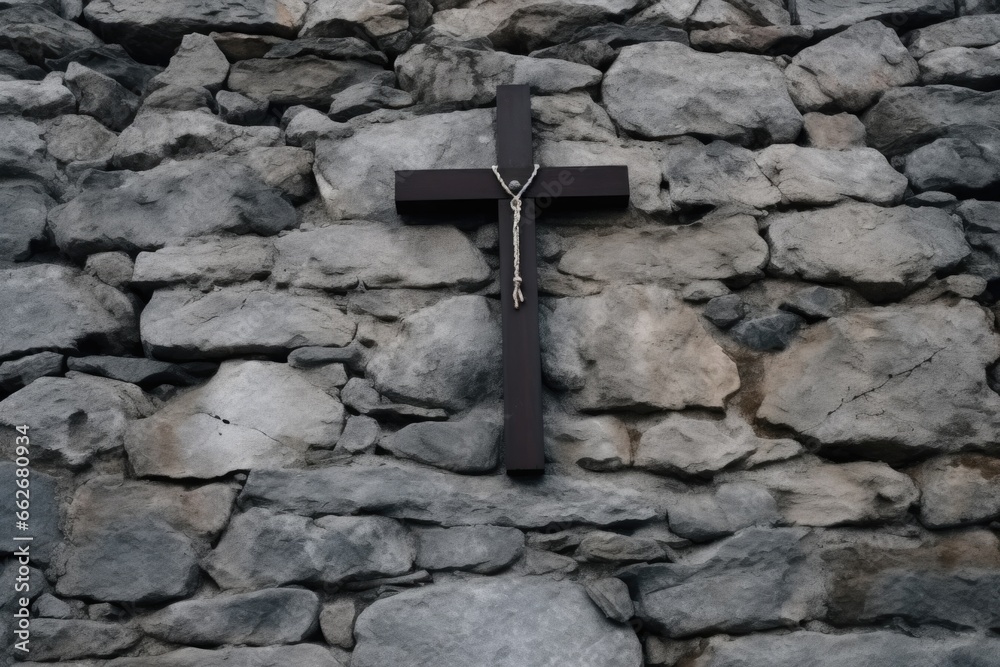 simple cross hanging on a stone church wall