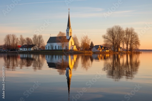 church reflected in a calm lake