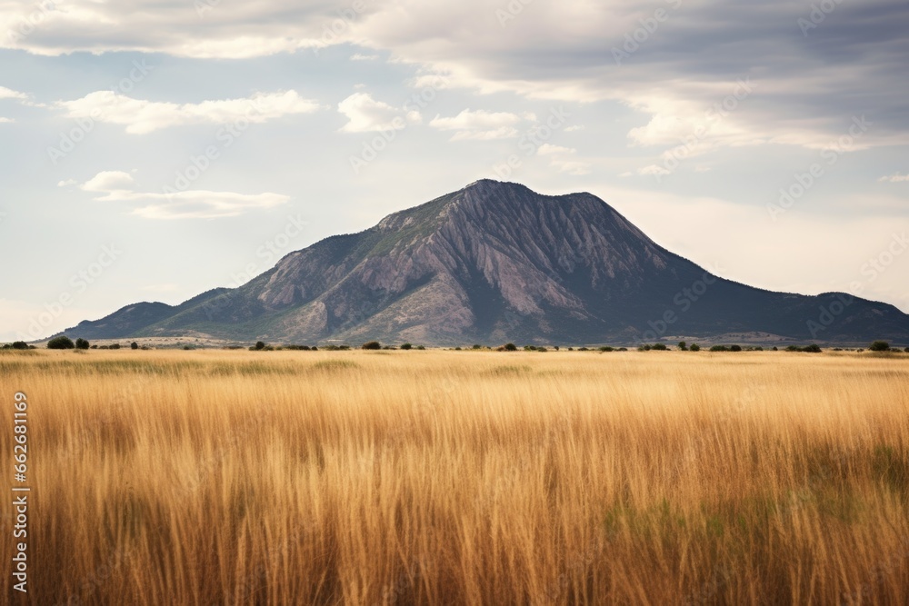 a standalone mountain in a plain field