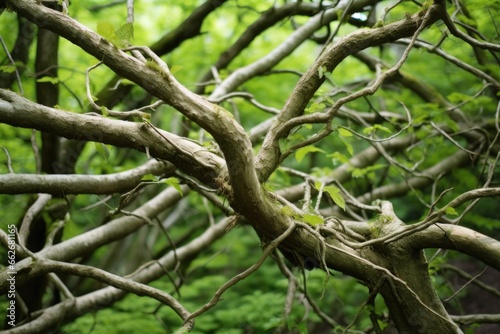 close-up of intertwined tree branches in a forest