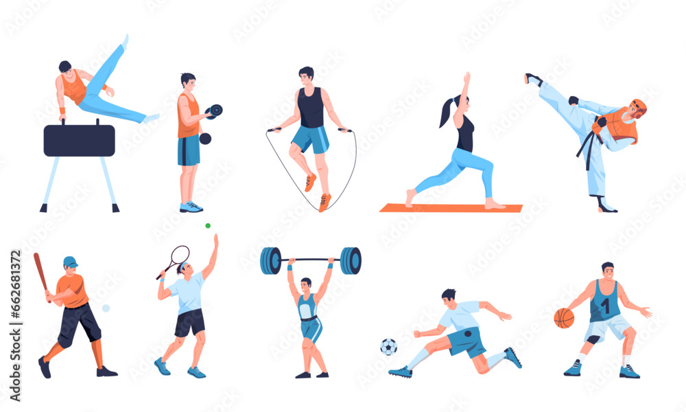 Sports people set. Cartoon characters training in gym, man and woman weightlifting and running, diverse active characters in active poses. Vector isolated set