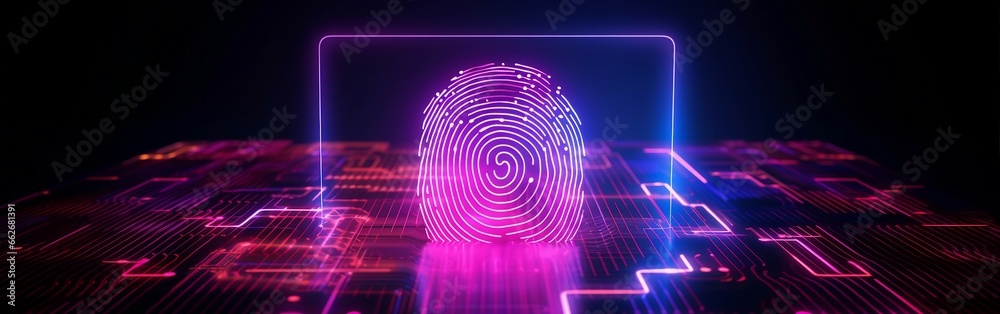 Fingerprint Neon Hologram on Magenta Background: Exploring AI, Machine Learning, and Cybersecurity in Identity and Big Data. Fingerprint Neon Hologram on Magenta Background: Exploring AI, Machine Learning, and Cybersecurity in Identity and Big Data.