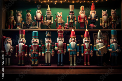 Miniature nutcrackers, elves and Santas from across the decades lined up with vintage Christmas signs and memorabilia. Generative Ai