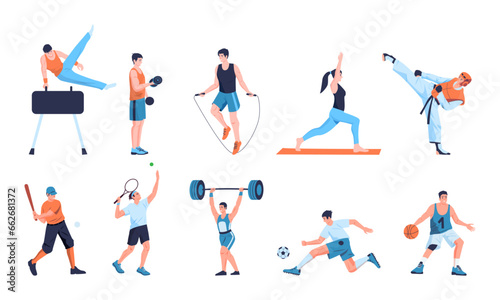 Sports people set. Cartoon characters training in gym  man and woman weightlifting and running  diverse active characters in active poses. Vector isolated set