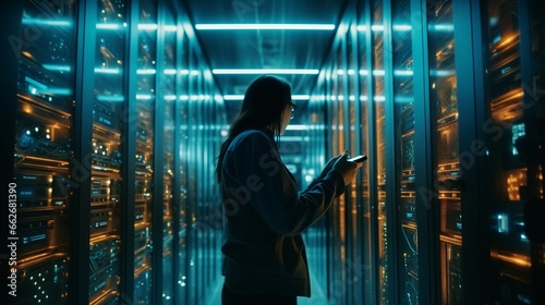 Digital Technology and Network Security: Engineer overseeing Data Center Server Room. photo