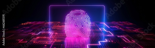 Fingerprint Neon Hologram on Magenta Background: Exploring AI, Machine Learning, and Cybersecurity in Identity and Big Data. photo