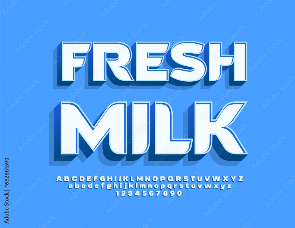 Vector creative advertisement Fresh Milk. 3D bright Font. Modern Blue Alphabet Letters, Numbers and Symbols set