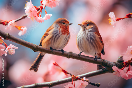 Birds on blossom branch with flowers