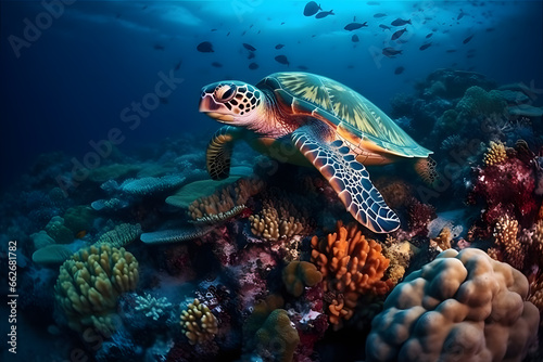 Turtle Underwater In Big Blue Oceans With  Coral Reef. Generative AI © Mark Kuhl
