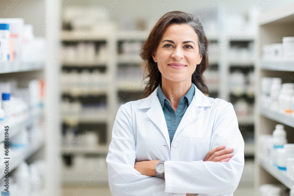 Portrait of a smiling confident female pharmacist working in a pharmacy. Standing with arms crossed in the drugstore. Portrait of a smiling confident female pharmacist working in a pharmacy. Standing with arms crossed in the drugstore.