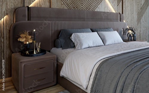 Luxurious bedroom interior. 3d visualization. High resolution rendering