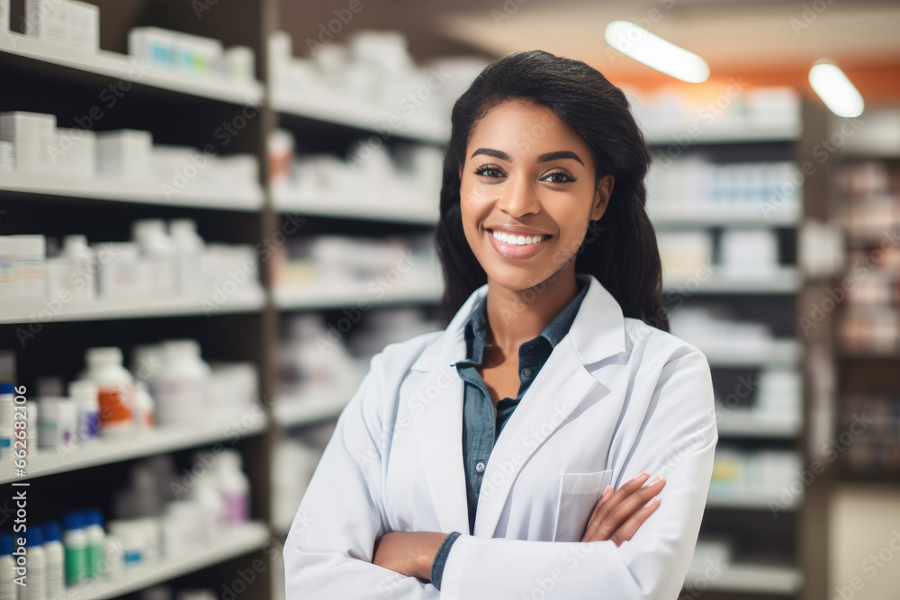 Portrait of a smiling confident female pharmacist working in a pharmacy. Standing with arms crossed in the drugstore. Portrait of a smiling confident female pharmacist working in a pharmacy. Standing with arms crossed in the drugstore.