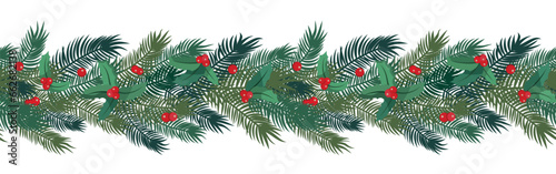 Winter holiday seamless border. Christmas tree branches with holly berries. Isolated on white background. Happy New Year banner design.