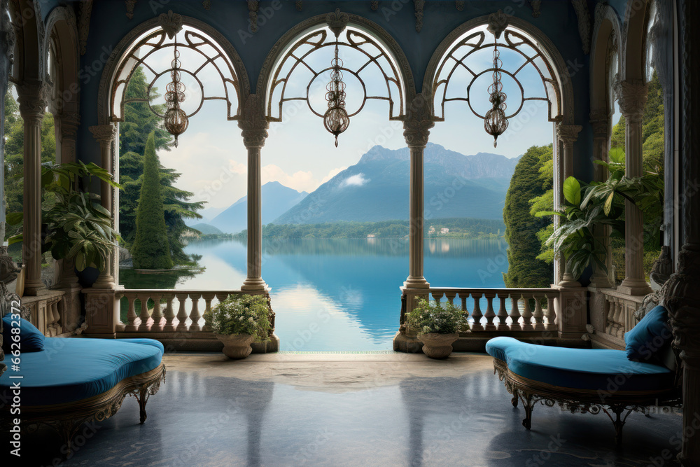 Interior of a beautiful villa with a view on a lake