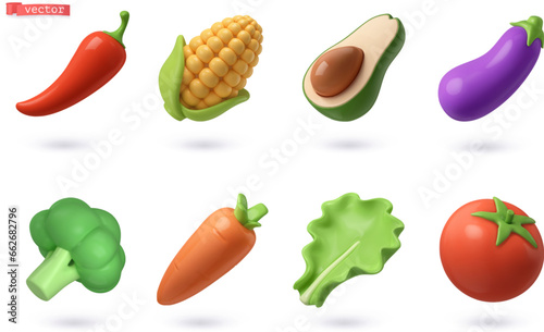 Vegetables and fruits 3d vector cartoon icon set