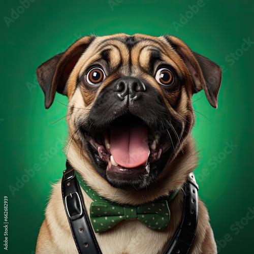 Happy and excited purebred dog, Pug in bowtie smiling over green background. Concept of domestic animals © master1305
