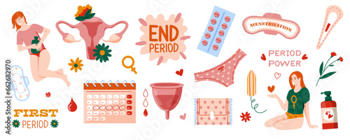 Menstrual periods set. Feminine cycle icons for paper napkins, cotton pads and period hygiene products. Woman reproductive health vector set