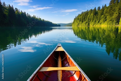 canoe slicing through tranquil waters of a scenic lake