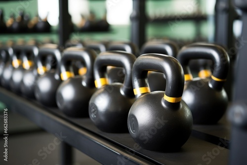 close-up of kettlebells in various sizes on a rack