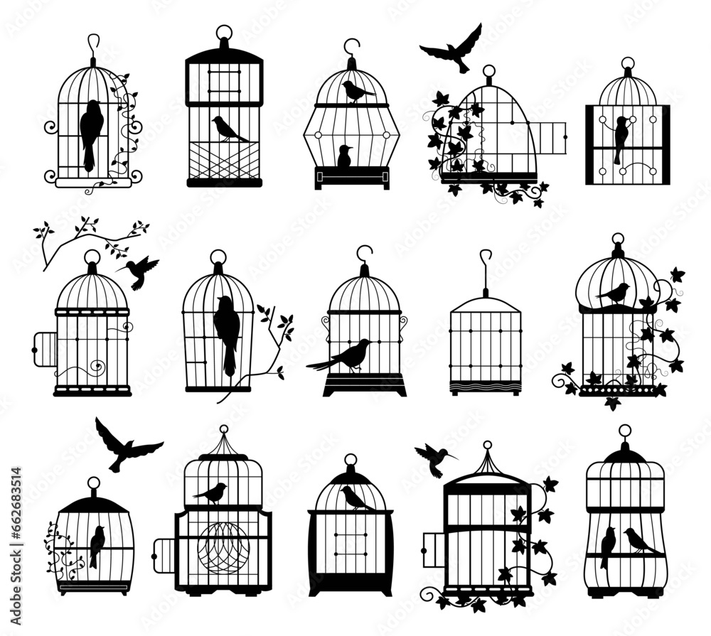 Fototapeta premium Bird cages with birds silhouettes. Black wall decals with flying birds in cages, minimalistic decorative art for interior. Vector isolated collection