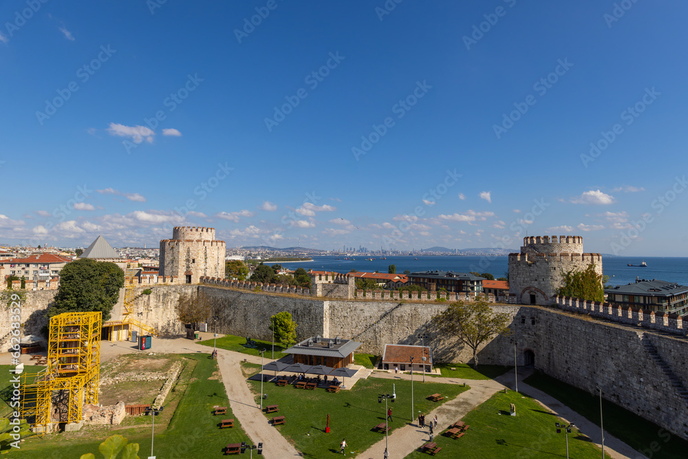 Istanbul, Türkiye, October 13, 2023: Yedikule Castle or Yedikule Castle is an ancient symbol of Istanbul. Beautiful view of Istanbul in summer. Panorama of the sea coast in Fatih district.