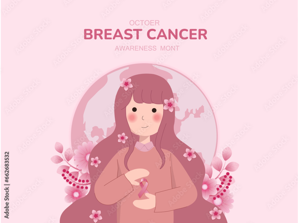breast cancer awareness month for disease prevention campaign and woman with pink support ribbon symbol on chest concept, vector illustration breast cancer awareness month for disease prevention campaign and woman with pink support ribbon symbol on chest concept, vector illustration