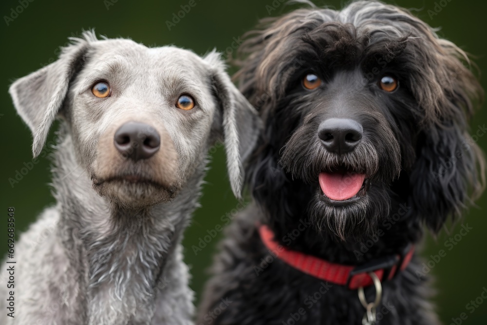 close-up of a silver-grey poodle next to a younger black poodle close-up of a silver-grey poodle next to a younger black poodle