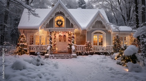   small house covered with snow for valentine's day romantic house decorated  generated by AI tool photo
