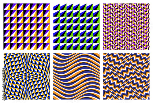 Vector seamless patterns set of color stripes and triangles. Abstract patterned tiles design.