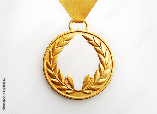 Golden Award Medal With Laurel Wreath On White Background