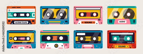 Colorful tape cassette. Vintage analog audio tape with magnetic label, retro 80s cassette with stereo sound. Vector collection