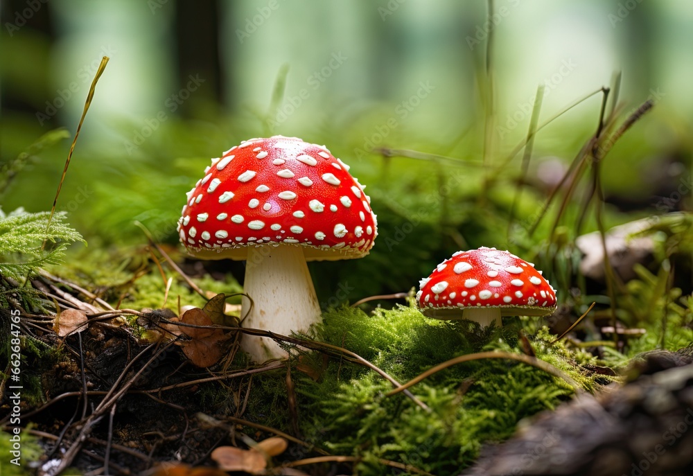 Whimsical Fly Agaric Mushrooms Nestled in Mossy Forest Enchantment. Generative AI Whimsical Fly Agaric Mushrooms Nestled in Mossy Forest Enchantment. Generative AI