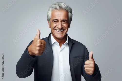 A handsome mature businessman showing thumbs up gesture