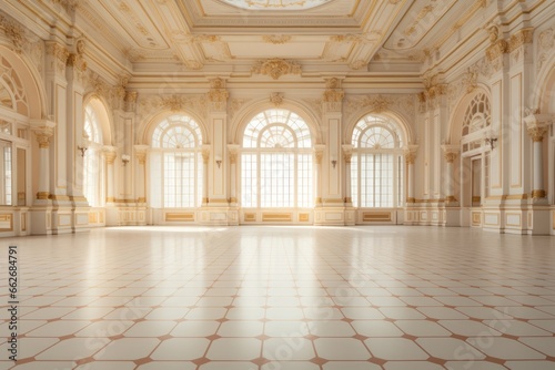 Realistic photo of bright palace hall with big windows and light hall inside. Empty room with tile white floor. 