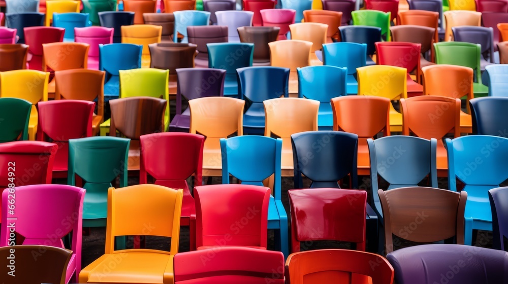 Fototapeta premium Colorful retro plastic chairs. Generative AI