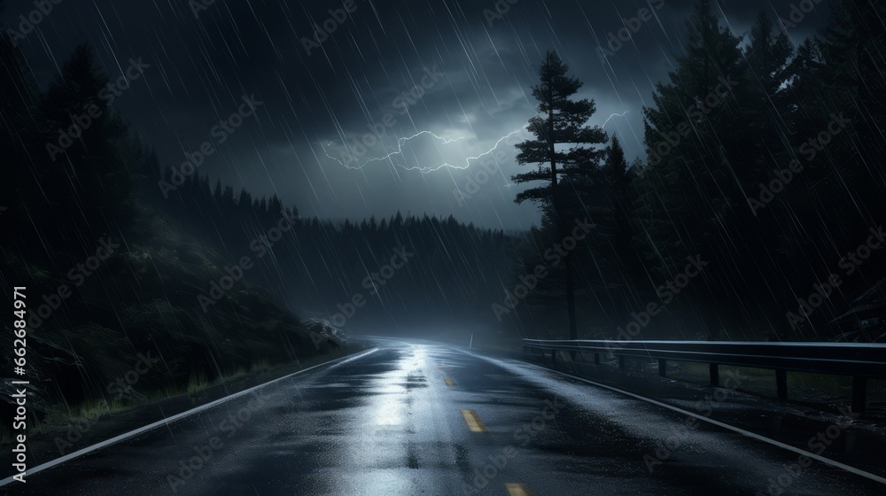 A rainy, stormy night on a deserted road. Generative AI - obrazy, fototapety, plakaty 