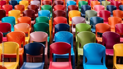 Colorful retro plastic chairs. Generative AI