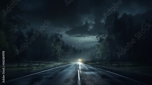 A rainy, stormy night on a deserted road. Generative AI