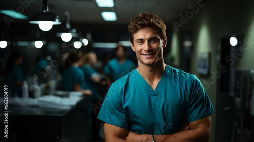 Portrait of a doctor in uniform against the background of a medical team. The doctor looks at the camera. Background with bokeh effect. AI generative