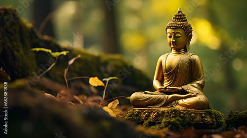 Golden Buddha statue symbol of spirituality and meditation © Taisiia