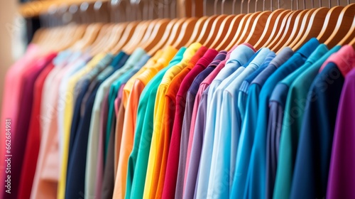 Colourful clothes on hangers. Generative AI