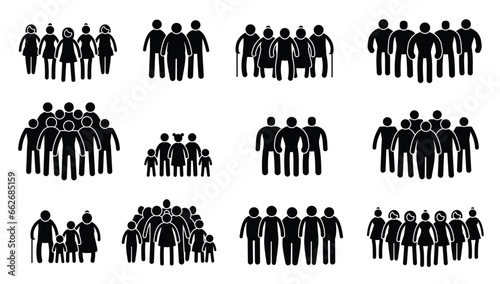 Stick people crowd. Group of people with black stick silhouettes, human mob with queue and diversity concept. Vector isolated set