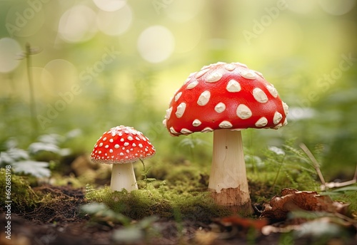 Whimsical Fly Agaric Mushrooms Nestled in Mossy Forest Enchantment. Generative AI